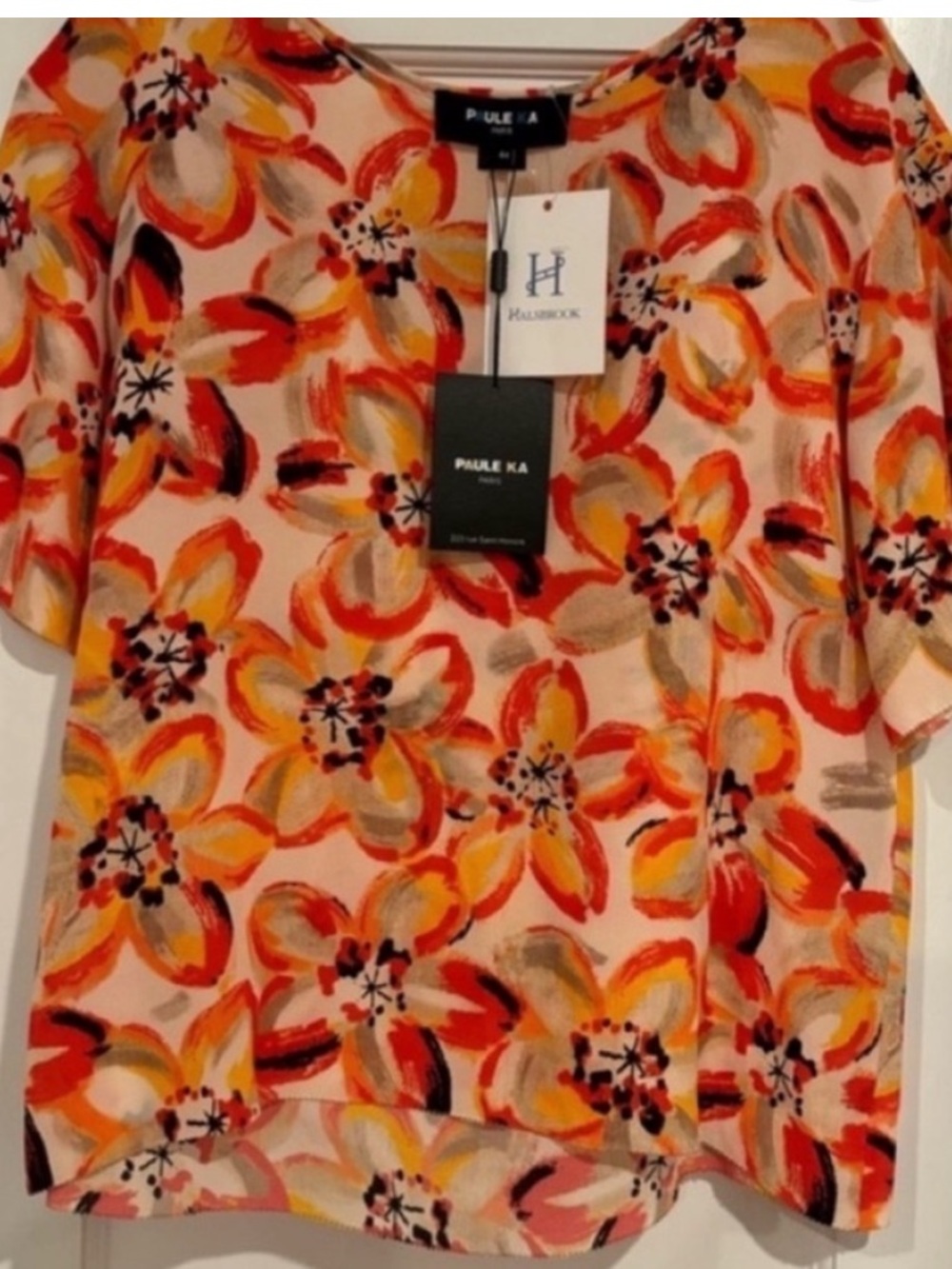 Paule Ka NEW Silk Short Sleeve Floral Top Womens 10 Cream Black Tan Orange